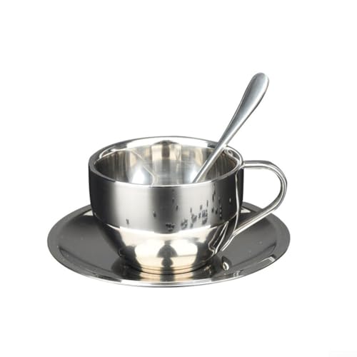 Diverse Usage Options Stylish Doubledeck Stainless Steel Mug Set with Matching Saucer & Spoon Setup von LifenaviStore
