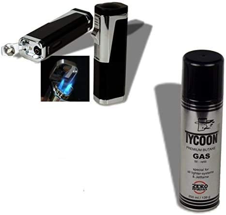 Lifestyle-Ambiente Set Zigarrenfeuerzeug Rio 3xLaser-Bohrer schwarz inkl. Tycoon Premium Spezialgas für Jetflamme von Lifestyle-Ambiente