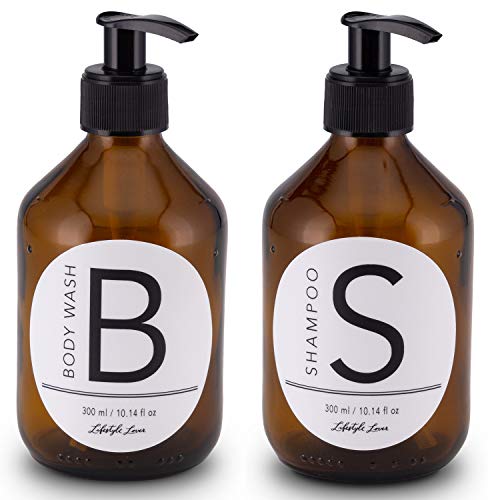 Lifestyle Lover 2er Pack Seifenspender aus Braunglas, Bernsteinfarben Body Wash 300ml und Shampoo 300ml von Lifestyle Lover