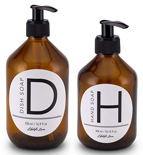 Lifestyle Lover 2er Pack Seifenspender aus Braunglas, Bernsteinfarben für Seife, Spüli, Dish Soap 'D' 500ml & Hand Soap 'H' 300ml von Lifestyle Lover