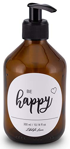 Lifestyle Lover Seifenspender 300ml aus Braunglas, Bernsteinfarben für Seife Spüli Shampoo Lotionen Braun Glas, Be Happy von Lifestyle Lover