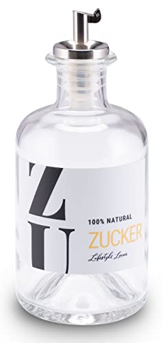 Lifestyle Lover Zuckerstreuer aus Glas 350ml Flasche, Dosierer aus Edelstahl, ideal für weißen braunen Zucker (ZU-ZUCKER) von Lifestyle Lover