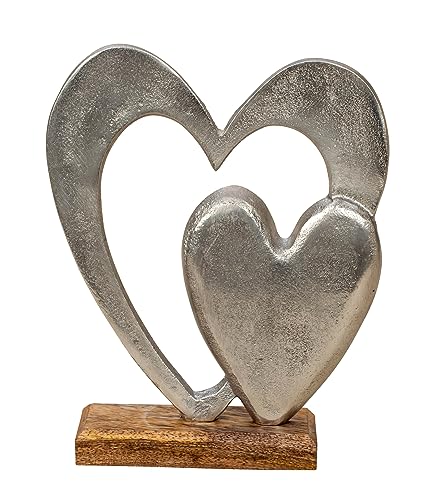 Lifestyle & More Moderne Skulptur Dekofigur Herz aus Aluminium auf Sockel aus Holz Silber/braun 17x21 cm von Lifestyle & More