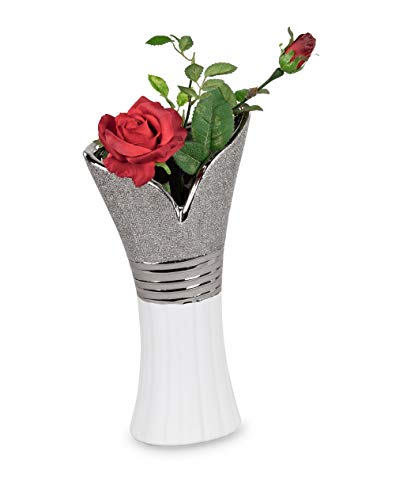 Moderne Dekovase Blumenvase Tischvase Vase aus Keramik weiß/Silber 16x30 cm von Lifestyle & More
