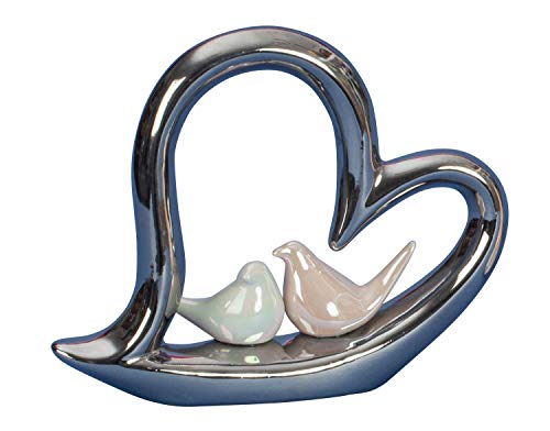 Lifestyle & More Moderne Skulptur Dekofigur Herz aus Keramik Silber mit 2 weißen Vögeln 22x19 cm von Lifestyle & More