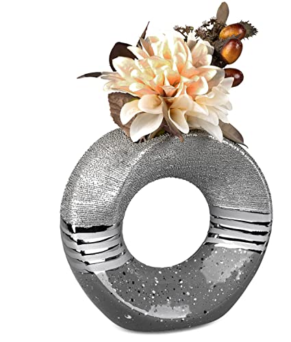 Moderne Vase Keramikvase Tischvase Dekovase Vase mit Loch grau Silber 19x19 cm von Lifestyle & More