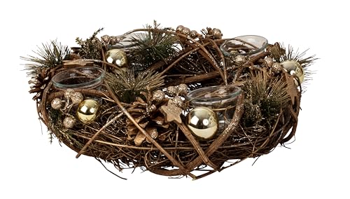 Weihnachtlicher Adventskranz aus Mehreren Materialien rund mit Gold/brauner Dekoration für Teelichter Durchmesser 34 cm von Lifestyle & More