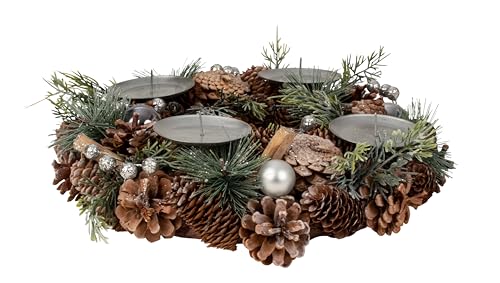 Weihnachtlicher Adventskranz aus Mehreren Materialien rund mit Silber/grün/brauner Dekoration für Kerzen Durchmesser 34 cm von Lifestyle & More