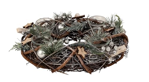 Weihnachtlicher Adventskranz aus Mehreren Materialien rund mit Silber/grün/brauner Dekoration für Teelichter ⌀ 34 cm von Lifestyle & More