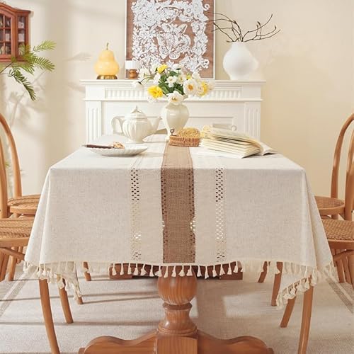 Lifetooler Tischdecke Abwaschbar Baumwolle Leinen Tischdecken Rechteckig Wasserdicht mit Quasten Tischtuch Modern für Küche Outdoor Tischdekoration(Beige,140x220cm) von Lifetooler