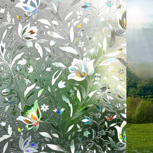 Lifetree Fensterfolie Blickdicht Selbsthaftende: Sichtschutzfolie 3D Regenbogen Fenster Dekorfolie Statisch Haftend ohne Klebstoff Anti UV Sonnenschutzfolie für Büro Wohnzimmer Blumen Tulpe 60x200cm von Lifetree