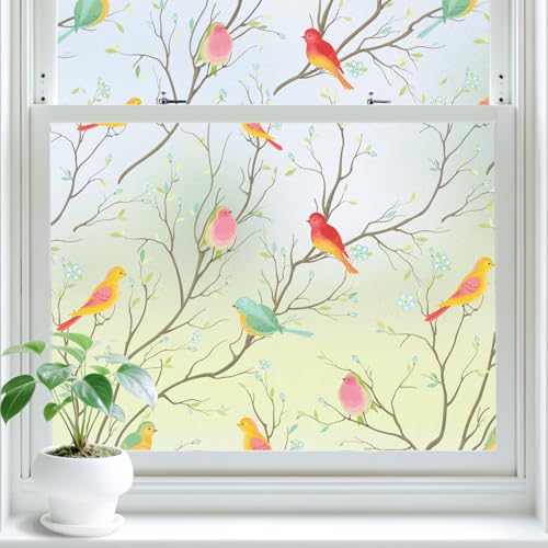 Lifetree Fensterfolie Blickdicht, Selbsthaftend Milchglasfolie, Sichtschutzfolie Fenster, Sonnenschutzfolie Statisch Haftend Anti UV Dekorfolie Vogel für Wohnzimmer und Büro 60 * 200cm von Lifetree