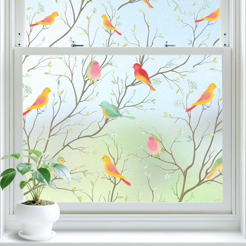 Lifetree Fensterfolie Blickdicht, Selbsthaftend Milchglasfolie, Sichtschutzfolie Fenster, Sonnenschutzfolie Statisch Haftend Anti UV Dekorfolie Vogel für Wohnzimmer und Büro 90 * 300cm von Lifetree