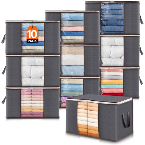 Lifewit 10 Stück Aufbewahrungstasche, Aufbewahrungsbox mit Deckel, Kleiderschrank Organizer Faltbare Kleideraufbewahrung Umzugskartons mit Verstärkt Griff für Bettdecken Kleidung Decke, Grau von Lifewit