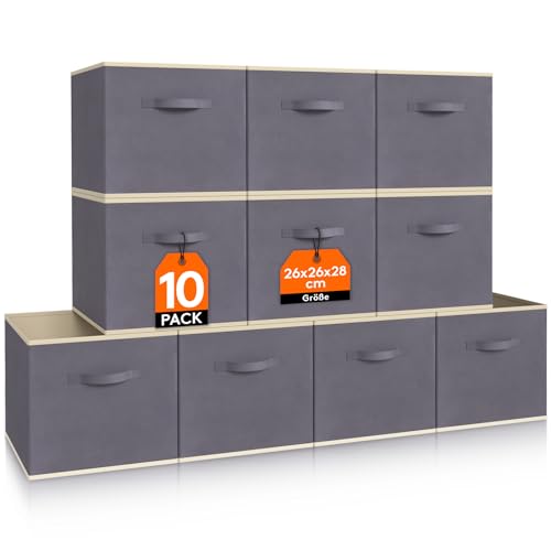 Lifewit 10 Stück Aufbewahrungsbox aus Stoff, Faltbar Aufbewahrungswürfel Boxen Aufbewahrung Ordnungsboxen aus Vliesstoff mit Griff für Kisten Kallax Boxen Regal 26,5 X 26,5 X 28 Cm, Grau von Lifewit