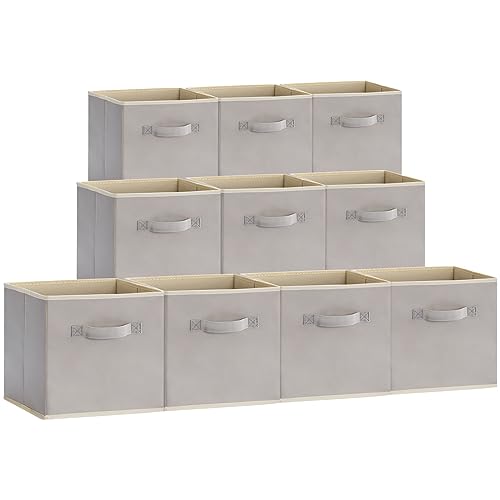 Lifewit 10 Stück Aufbewahrungsbox aus Stoff, Faltbar Aufbewahrungswürfel Boxen Aufbewahrung Ordnungsboxen aus Vliesstoff mit Griff für Kisten Kallax Boxen Regal 26,5 X 26,5 X 28 Cm, Hellgrau von Lifewit