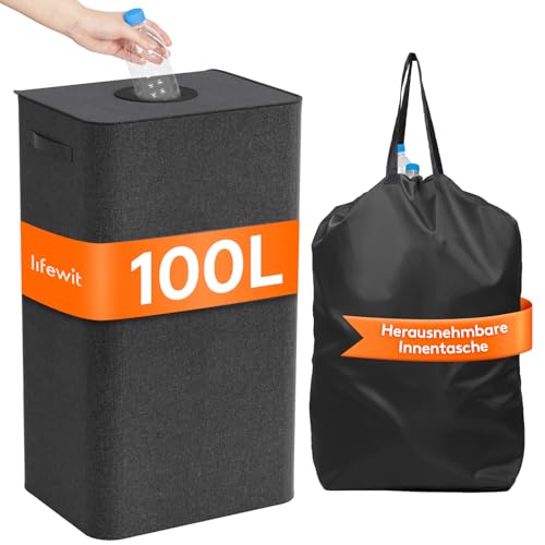 Lifewit 100L Pfandflaschen Sammelbehälter mit Deckel, Pfandsammler Organizer and Altglas Aufbewahrung mit Einwurf, Leergutbehälter fur Recycling Abstellraum Flaschentasche, Dunkelgrau von Lifewit
