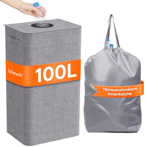 Lifewit 100L Pfandflaschen Sammelbehälter mit Deckel, Pfandsammler Organizer and Altglas Aufbewahrung mit Einwurf, Leergutbehälter fur Recycling Abstellraum Flaschentasche, Grau von Lifewit
