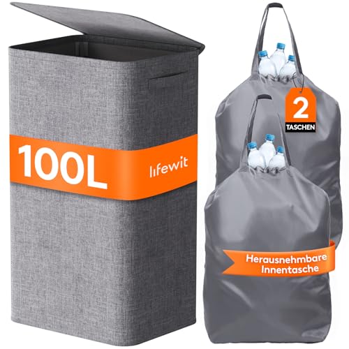 Lifewit 100L Pfandflaschen Sammelbehälter mit Deckel, Groß Pfandflaschen Aufbewahrung, Behälter Leergut & Altglas Aufbewahrung, Flaschensammler Küche Abstellraum Flaschentasche, Grau von Lifewit
