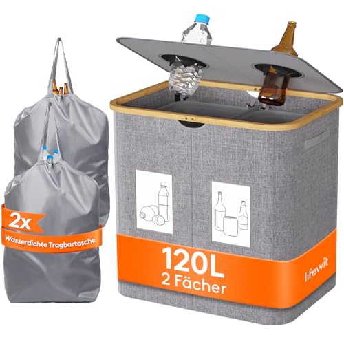 Lifewit 120L Pfandflaschen Sammelbehälter, Flaschen Organizer mit Deckel, Flaschensammler Leergut 2 Fächer, Pfandflaschen Aufbewahrung, Pfandflaschen Behälter für Kunststoff, Glasflaschen, Grau von Lifewit