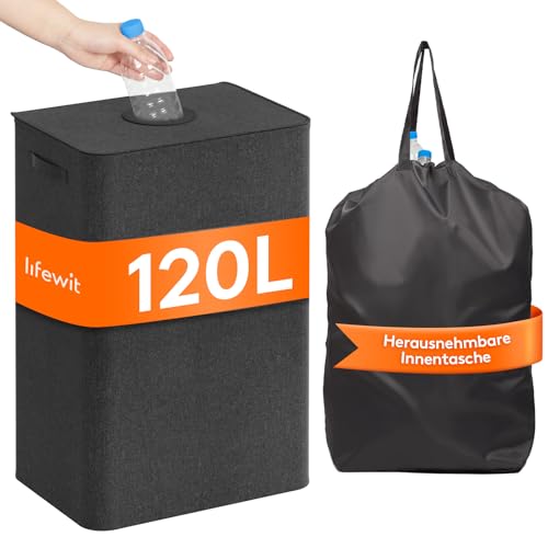 Lifewit 120L Pfandflaschen Sammelbehälter mit Deckel, Pfandsammler Organizer and Altglas Aufbewahrung mit Einwurf, Leergutbehälter fur Recycling Abstellraum Flaschentasche, Dunkelgrau von Lifewit