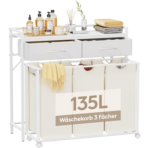 Lifewit 135L Wäschekorb 3 Fächer, Grobe Rolling Wäschesammler mit Regal & 2 Schubladen,WäSchekorb Veranstalter Mit RäDern und Abnehmbare Tasche für WaschküChe Bad, Weiße & Beige von Lifewit