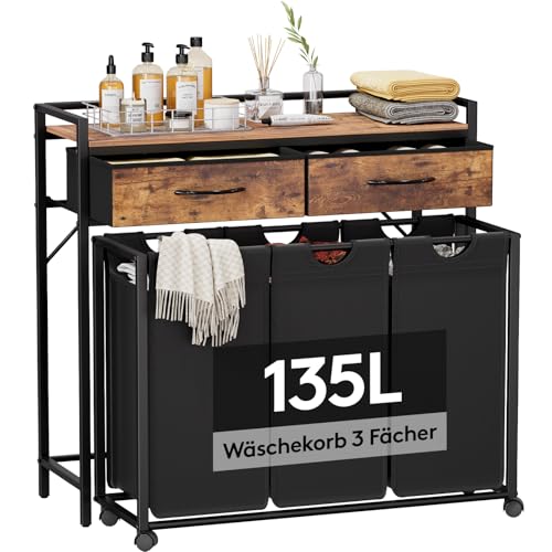 Lifewit 135L Wäschekorb 3 Fächer, Grobe Rolling Wäschesammler mit Regal & 2 Schubladen,WäSchekorb Veranstalter Mit RäDern und Abnehmbare Tasche für WaschküChe Bad,Braun-Rustikal & Schwarz von Lifewit