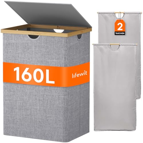 Lifewit 150L Bambus Wäschekorb mit Deckel, Faltbar Wäschesammler 2 Fächer Wäschesortierer mit Abnehmbarem Wäschesack Bambus Griffen Wäschebox Laundry Baskets für Waschküche, Schlafzimmer, Grau von Lifewit