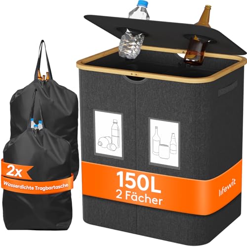 Lifewit 150L Pfandflaschen Sammelbehälter, Flaschen Organizer mit Deckel, Flaschensammler Leergut 2 Fächer, Pfandflaschen Aufbewahrung,Pfandflaschen Behälter für Kunststoff und Glasflaschen,Dunkelgrau von Lifewit