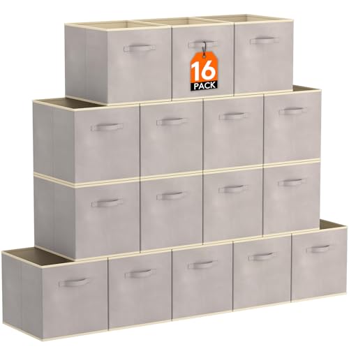 Lifewit 16 Stück Aufbewahrungsbox aus Stoff, Faltbar Aufbewahrungswürfel Kallax Boxen Aufbewahrung aus Vliesstoff mit Griff für Würfelregal Kallax Boxen Regal Einsatz, 26,5 X 26,5 X 28 Cm, Hellgrau von Lifewit