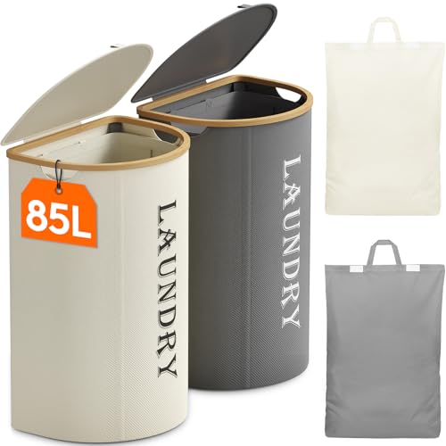 Lifewit 170L Wäschekorb mit Deckel, 2er Pack, Großer Wäschesammler mit 2 Fächern und 2 abnehmbaren Wäschesäcken, Faltbare Wäschekörbe für Waschküche, Schlafzimmer, Weiß und Grau von Lifewit