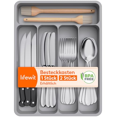 Lifewit 2 Stk. Besteckkasten, 23 x 32 x 4 cm Besteckeinsatz für Schubladen, 5 Fächer Schublade Besteck Organizer für Küche, Kleiner Kunstsoff Besteckhalter Besteckkorb für Löffel/Gabeln/Messer,Grau von Lifewit
