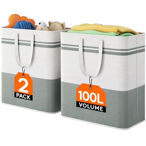 Lifewit 2 Stück Pfandflaschen Sammelbehälter mit Deckel 100L, Groß Pfandflaschen Aufbewahrung, Behälter Leergut & Altglas Aufbewahrung, Flaschensammler Küche Abstellraum Flaschentasche, Grau und Weiss von Lifewit