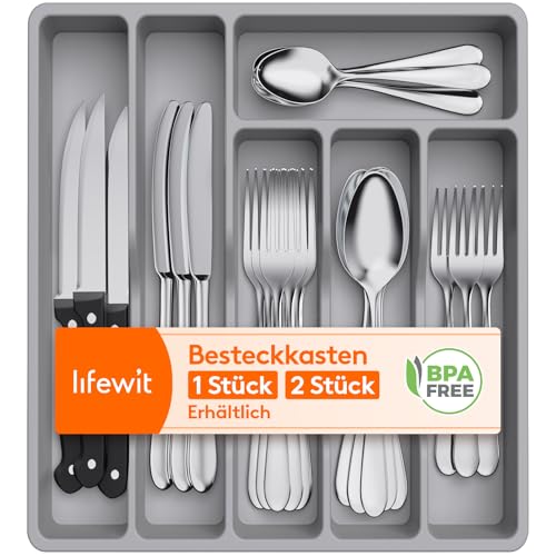 Lifewit 2 Stk. Besteckkasten, 32 x 30 x 5,2 cm Besteckeinsatz für Schubladen, 5 Fächer Schublade Besteck Organizer für Küche, Kleiner Kunstsoff Besteckhalter Besteckkorb für Löffel/Gabeln/Messer, Grau von Lifewit