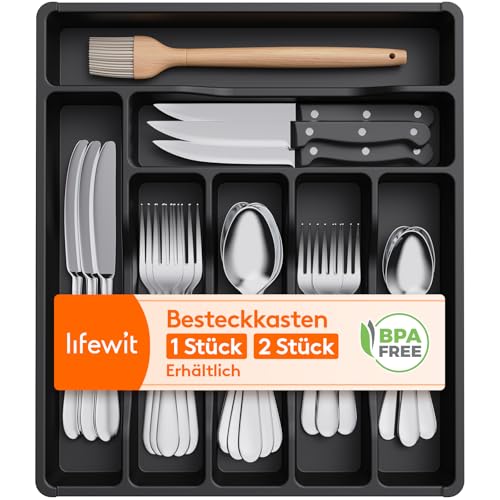 Lifewit 2er Set Besteckkasten für Schubladen, Besteck Organizer Schublade Organizer Küche Kompakt Besteckeinsatz Utensilienhalter für Schublade aus Kunststoff für Löffel, Gabeln, 7 Fächern, Schwarz von Lifewit