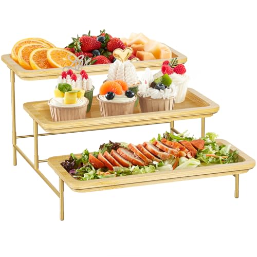Lifewit 3 Etagen Bambus Servierplatte, 30 x 17 cm Serviertablett mit Goldener Metallständer für Partyzubehör Buffet Zubehör, Große Wiederverwendbare Tabletts Displayständer für Gemüse/Obst/Desserts von Lifewit