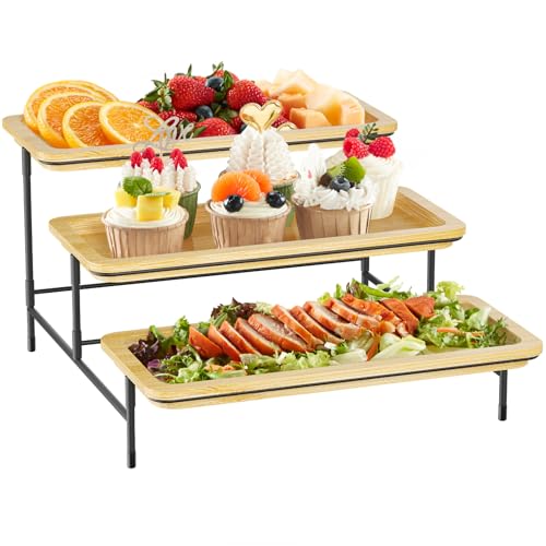 Lifewit 3 Etagen Bambus Servierplatte, 30 x 17 cm Serviertablett mit Schwarzer Metallständer für Partyzubehör Buffet Zubehör, Große wiederverwendbare Tabletts Displayständer für Gemüse/Obst/Desserts von Lifewit