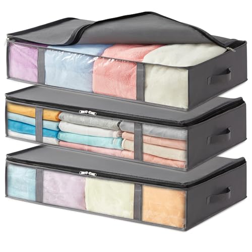 Lifewit 3 Stück Unterbettkommode Aufbewahrungstasche, Faltbare Unterbett Aufbewahrungsbox, Storage Boxes mit Deckel, Unterbett Aufbewahrung für Kleider Unterbett Kleiderschrank, 65L Grau von Lifewit