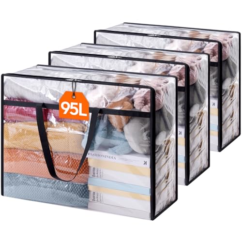 Lifewit 3 Stück transparente Kunststoff-Aufbewahrungstasche, 95 L Kleiderschrank Organizer Aufbewahrungsbox mit Deckel Kleideraufbewahrung mit Griff von Lifewit
