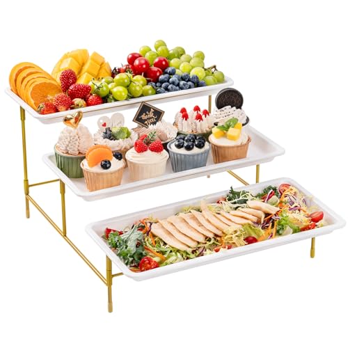 Lifewit Kunststoff Etagere 3 Etagen mit 36 x 17 cm Servierplatten, 3-stufiges Tablett Serviertablett Servierteller mit Klappbares Gelbes Metallregal, Buffet Party Zubehör für Gemüse/Obst/Kekse/Torte von Lifewit