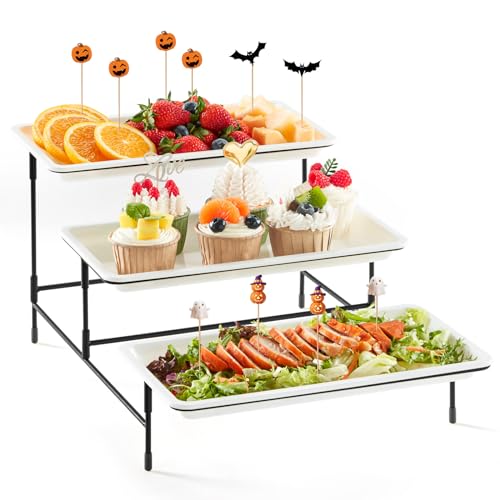 Lifewit Etagere 3 Etagen mit 30 x 17 cm Kunststoff Servierplatte, 3-stufiges Tablett Serviertablett Servierteller mit Klappbarer Schwarzem Metallregal, Buffet Party Zubehör für Gemüse/Obst/Kekse/Torte von Lifewit