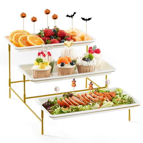 Lifewit Kunststoff Etagere 3 Etagen mit 30 x 17 cm Servierplatten, 3-stufiges Tablett Serviertablett Servierteller mit Klappbares Gelbes Metallregal, Buffet Party Zubehör für Gemüse/Obst/Kekse/Torte von Lifewit