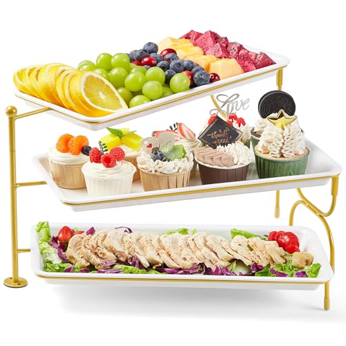 Lifewit 3-stufiges Kunststoff Servierplatte, 36 x 17 cm Weiße Tablett Serviertablett mit Gelbes Metallregal, Etagere 3 Etagen für Gemüse, Obst, Kekse, Desserts, Buffet Party Zubehör von Lifewit