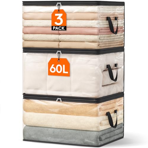 Lifewit 3er Pack Transparente Plastik Aufbewahrungstasche, 60L Kleiderschrank Organizer Aufbewahrungsbox mit Deckel Kleideraufbewahrung Umzugskartons mit Verstärkter Griff für Bettdecken, Kleidung von Lifewit