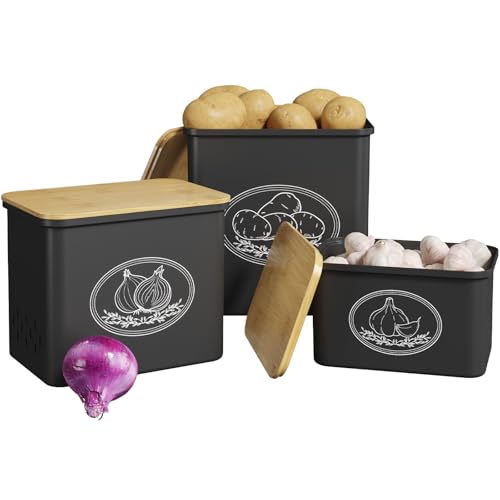 Lifewit 3er-Set Kartoffel Aufbewahrungsbox mit Deckel, Große Kunttsoff Vorratsdosen für Kartoffel Zwiebel Aufbewahrung, Stapelbare Kartoffelbox Aufbewahrungsboxen Küche mit Frischebelüftung, Schwarz von Lifewit