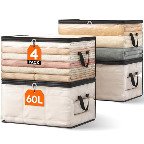Lifewit 4er Pack Transparente Plastik Aufbewahrungstasche, 60L Kleiderschrank Organizer Aufbewahrungsbox mit Deckel Kleideraufbewahrung Umzugskartons mit Verstärkter Griff für Bettdecken, Kleidung von Lifewit