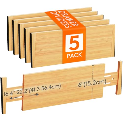 Lifewit 5 Set Schubladentrenner Natürlichem Bambus, Verstellbar Schubladen Trenner für Innenlänge 41,7-56,4cm & Höhe＞15,2cm, Organizer Ordnungssystem für Küche, Kleiderschränke, Schreibtisch von Lifewit