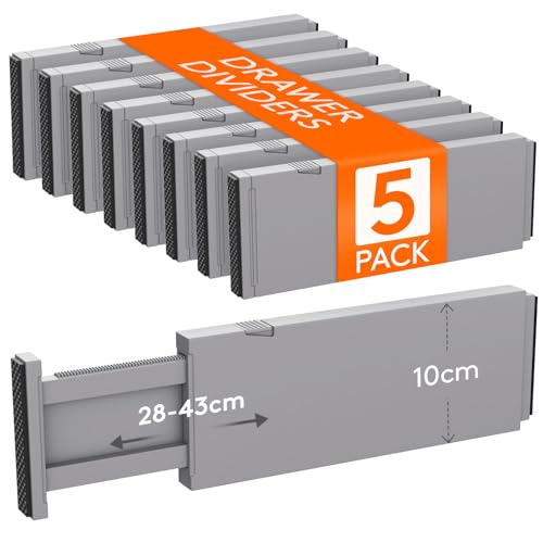 Lifewit 5er Set Kunststoff Schubladentrenner für Innenlänge Schubladen, Verstellbar Organizer Ordnungssystem für Kleiderschrank/Schlafzimmer/Kommode/Küche/Büro, Grau von Lifewit