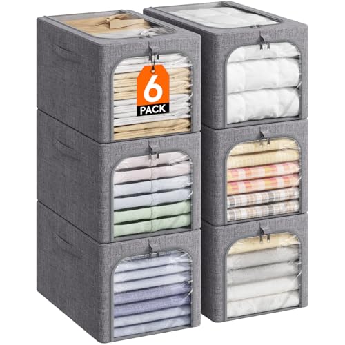 Lifewit 6 Stück Kleideraufbewahrungsbehälter mit Metallrahmen, Faltbare Aufbewahrungsbox mit Deckel, 40L Stapelbare Aufbewahrungsbeutel Stoffbehälter Organizer mit Klarsichtfenster, Robuste Griffe von Lifewit
