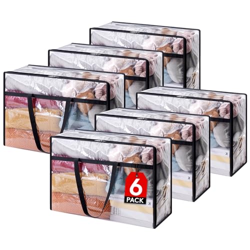 Lifewit 6 Stück Transparente Plastik Aufbewahrungstasche, 60L Kleiderschrank Organizer Aufbewahrungsbox mit Deckel Kleideraufbewahrung Umzugskartons mit Verstärkter Griff für Bettdecken, Kleidung von Lifewit